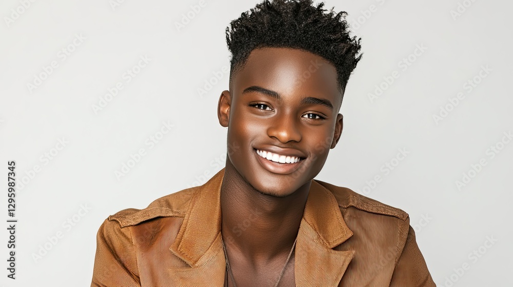 Obraz premium A young man with a short haircut and a brown jacket is smiling