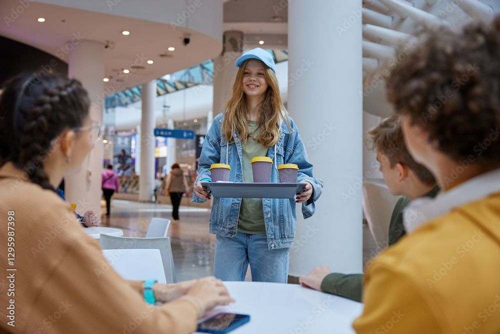 Obraz premium Girl carrying tray with coffee for friends relaxed in shopping mall cafeteria