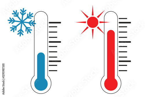 Hot and Cold Temperature Thermometer Icons with Sun and Snowflake