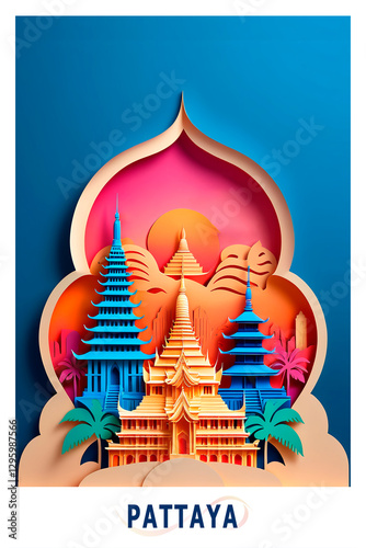 Pattaya, Thailand poster in papercut, cut out style image. Layered creative skyline picture for travel booklet, postcard, print, cover with landmarks