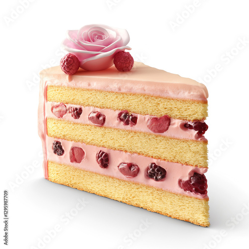 A slice of delicious pink cake with layers of cream and berries, adorned with a rose on top.