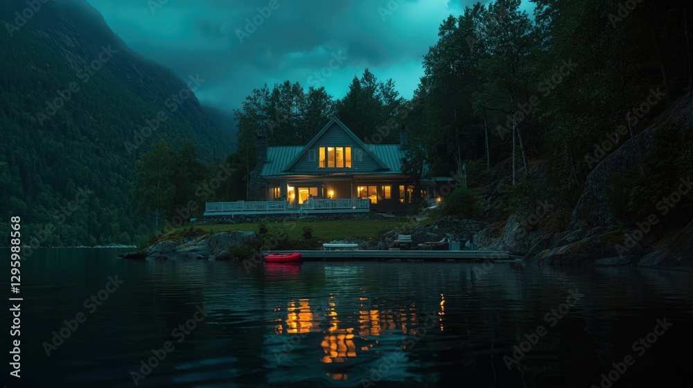 Fototapeta premium A serene lake house surrounded by nature during dusk hours