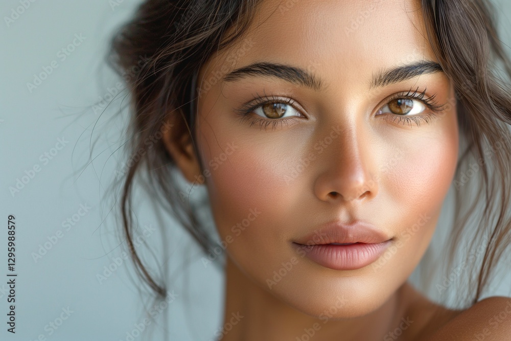 Fototapeta premium Close-up of a young woman with light brown skin and mesmerizing brown eyes, showcasing natural beauty and a serene expression.