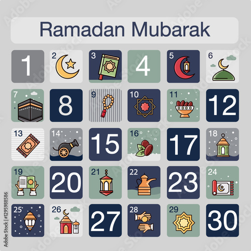 Ramadan Kareem Calendar. Islamic greeting card template with design of Ramadan Mubarak symbols