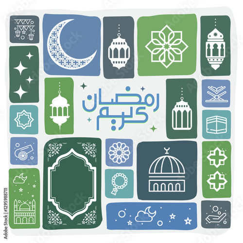 Ramadan Kareem poster, holiday cover set. Islamic greeting card
