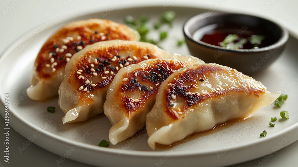Lightly browned gyoza dumplings with savory sauce and sesame seeds on a white plate Lightly browned gyoza dumplings with savory sauce and sesame seeds on a white plate