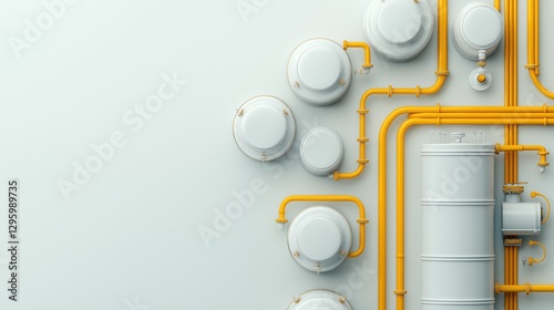 A yellow and white industrial pipe system with a white background