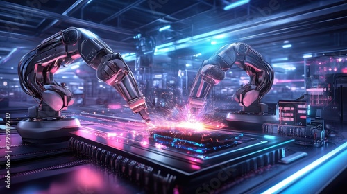 Two robots are working on a computer chip