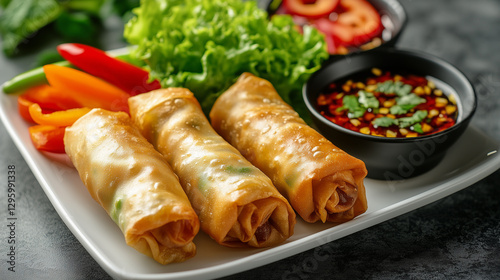 Wallpaper Mural Square white plate with fried spring rolls, dumplings, spicy sauces, and colorful garnish Torontodigital.ca