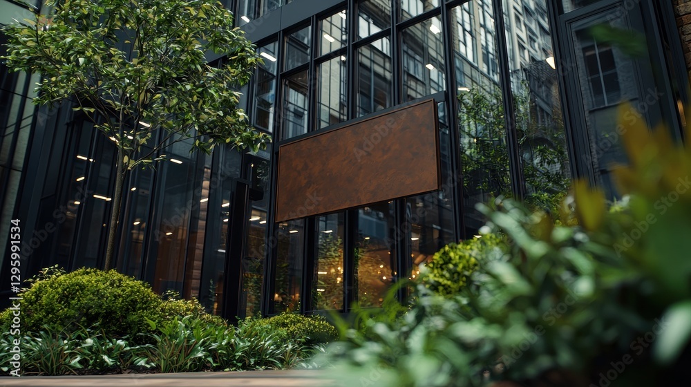 Fototapeta premium Modern Urban Courtyard with Vertical Garden and Blank Signboard