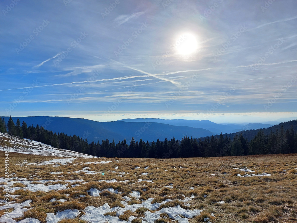 blue mountains in Slovenia. Bright sun. View form Pohorje mountains to horizon