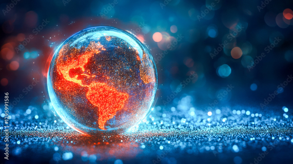 Glowing digital globe with illuminated continents, symbolizing global connectivity, technology, data, and futuristic innovation in a cyber-inspired world