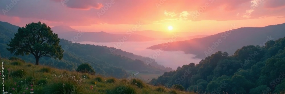 Misty dawn breaks over the hills with a serene and peaceful atmosphere, morning mist, serene, dawn Misty dawn breaks over the hills with a serene and peaceful atmosphere, morning mist, serene, dawn