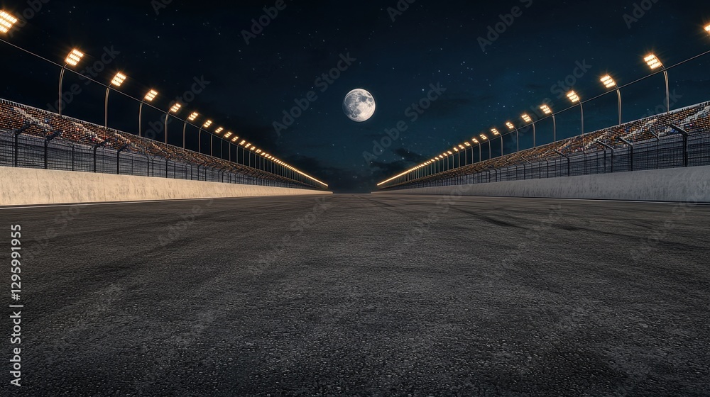 Fototapeta premium Nighttime Race Track with Full Moon and Bright Floodlights