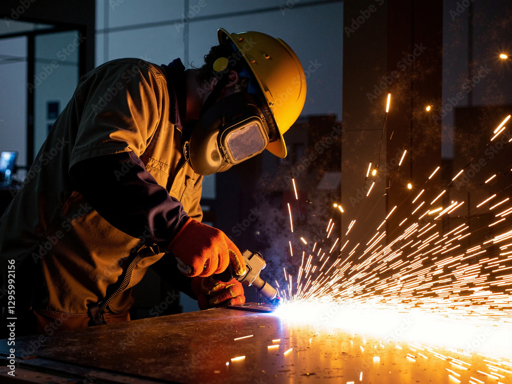 A male welder works with a metal structure in production. A male welder works with a metal structure in production.