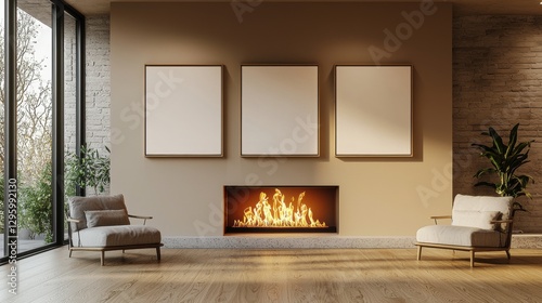 Living room with a fireplace and three white picture frames on the wall