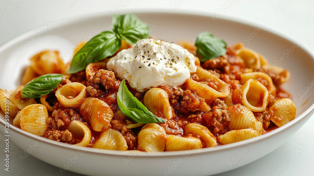 Orecchiette pasta with rich tomato-meat sauce, burrata, and fresh basil on a white plate Orecchiette pasta with rich tomato-meat sauce, burrata, and fresh basil on a white plate