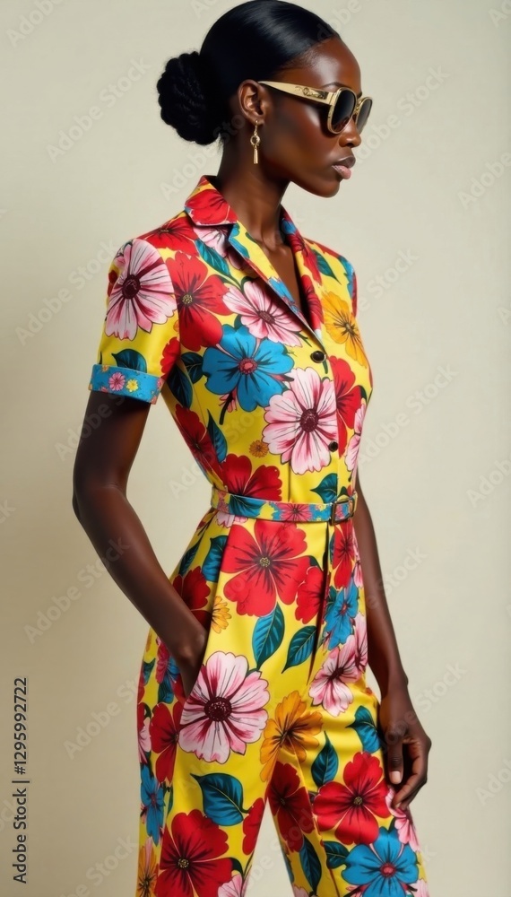 Model wearing outfit with bold floral patterns and bright colors against a neutral background, trendy, print, indie brand Model wearing outfit with bold floral patterns and bright colors against a neutral background, trendy, print, indie brand