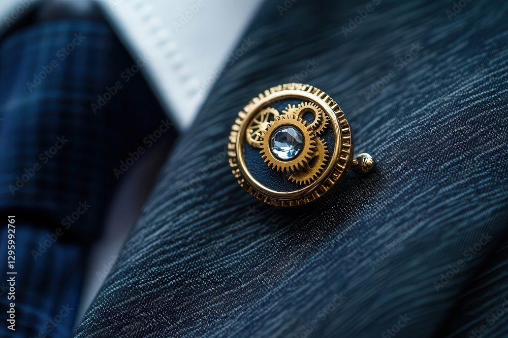 detailed close-up of a corporate cufflink, golden gears turning under crystal, suit sleeve blurred, radiating intricate elegance and status.