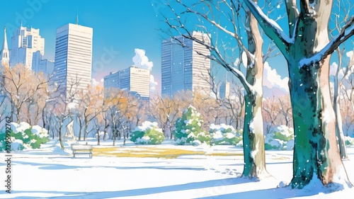 都会の公園の雪景色_1