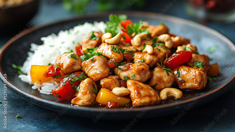 Delicious stir-fried cashew chicken with fragrant rice and crispy vegetables