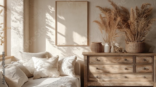 Living room with a white couch and a wooden dresser