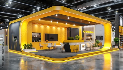 Exhibition stand with complex construction, in black and yellow colors, lot of furniture, good lighting, modern style high contrast cinematic lighting