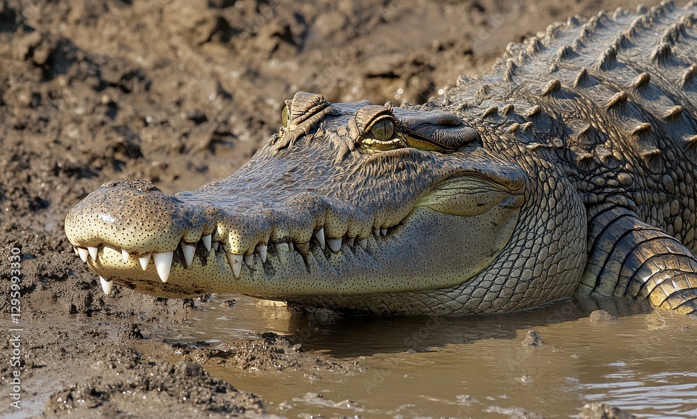Fototapeta premium Close-Up View of an Alligator Resting on the Muddy Shore of a River, Showcasing its Distinctive Features and Powerful Presence in Natural Habitat