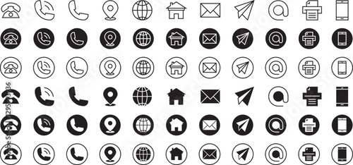 Black Contact Icon Set for Business Card. Line and Fill Vector Symbol. Contact Details Transparent Icon.