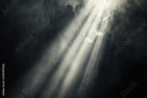 diagonal silver light beams piercing a smoky black void, casting a mystical glow, blending hope and enigma in a cinematic composition of faith and shadowed wonder.