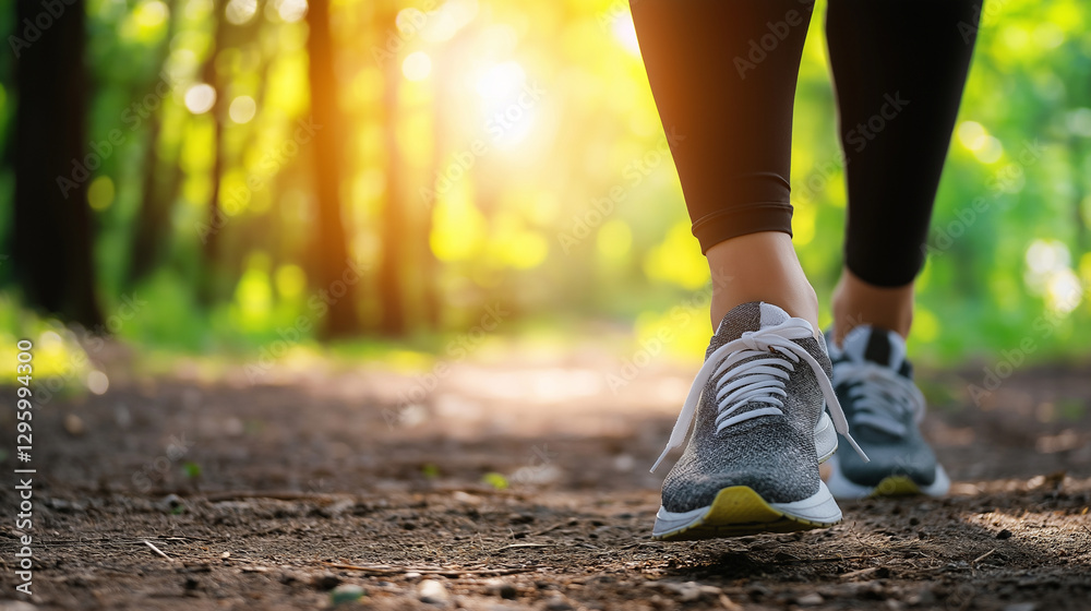 Fitness enthusiast securing her shoes before a high-energy run, standing on a quiet dirt path with sunlight filtering through trees. Fitness enthusiast securing her shoes before a high-energy run, standing on a quiet dirt path with sunlight filtering through trees.
