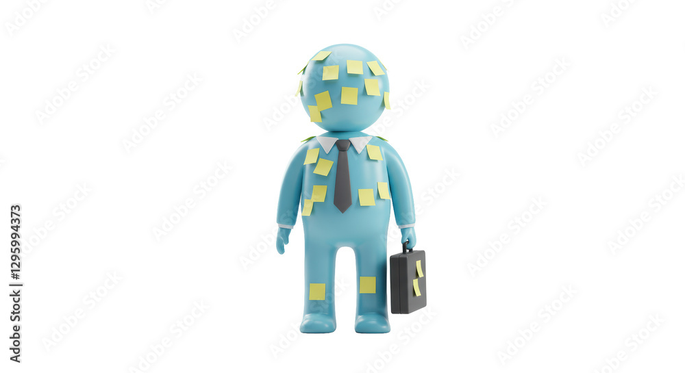 Fototapeta premium Isolated Business Character Covered in Sticky Notes, Emphasizing Overload