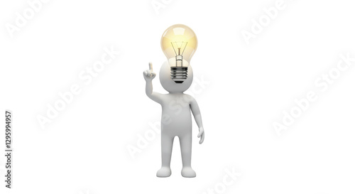 Isolated Stick Figure with Illuminated Light Bulb Above Head