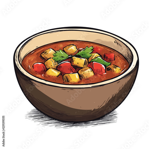 Goulash soup minimalist 2D vector graphic illustration sketch on a white background.

