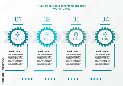 4 options business infographic template, theme of circle button on gear frame with rounded corner line, and arrow