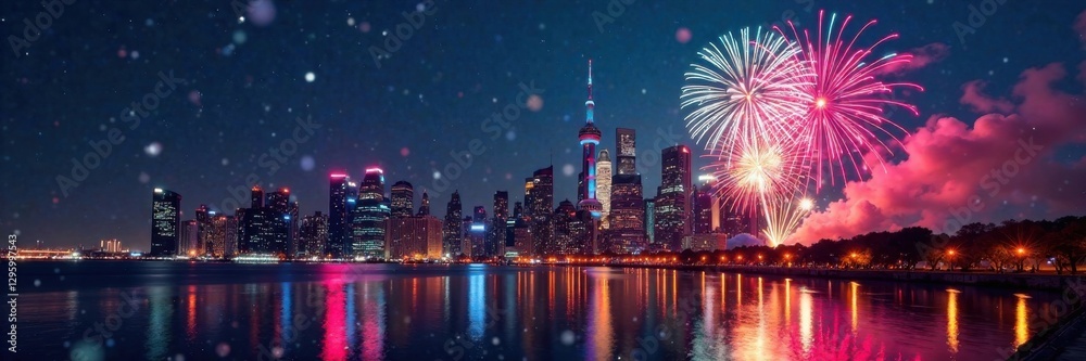 New Year Celebrations in Front of a Sparkling City Skyline, Confetti, Nighttime, New Year New Year Celebrations in Front of a Sparkling City Skyline, Confetti, Nighttime, New Year
