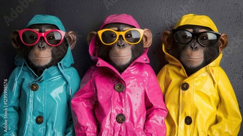 Three Monkeys in Colorful Raincoats and Glasses Enjoy Rainy Day