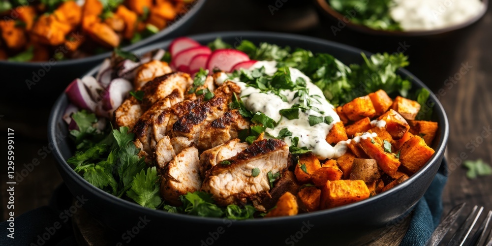 Grilled chicken and roasted sweet potato bowl with radishes and cilantro lime sauce Grilled chicken and roasted sweet potato bowl with radishes and cilantro lime sauce