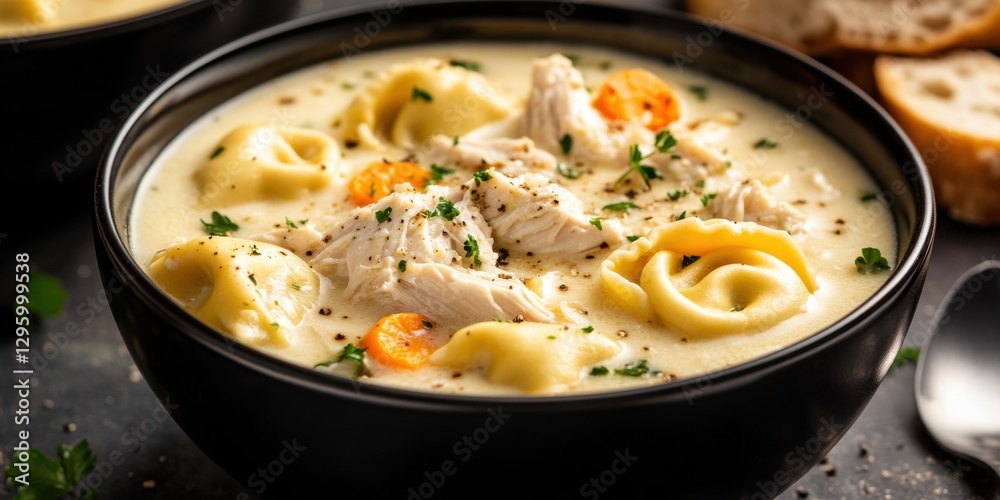 Easy Chicken Tortellini Soup Creamy chicken tortellini soup with carrots and fresh herbs in black bowl Easy Chicken Tortellini Soup Creamy chicken tortellini soup with carrots and fresh herbs in black bowl