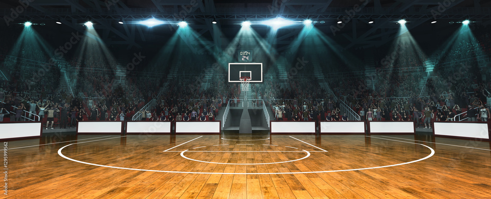 Fototapeta premium Wide-angle of modern basketball stadium with hoop at center, game clock ticking, filled with cheering fans, spotlight beams highlighting court. 3D render. Concept of game, playoffs, tournament, action