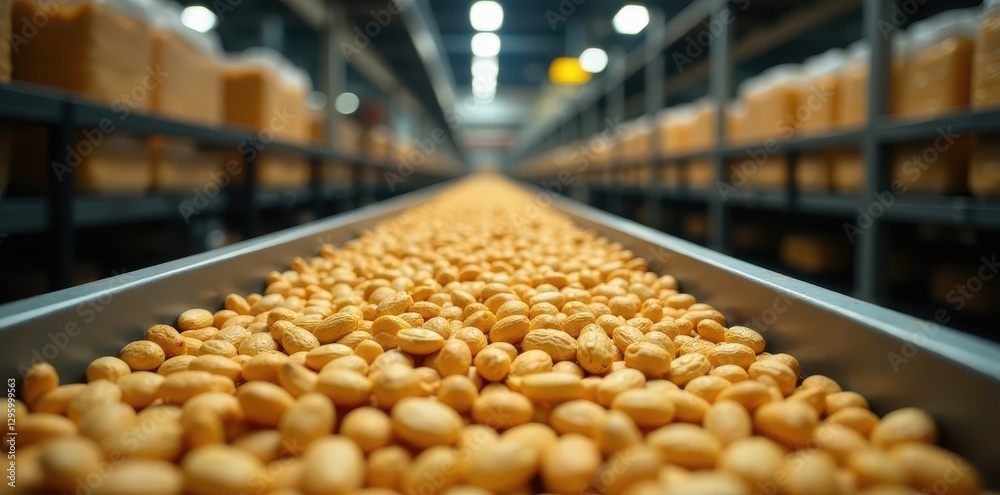 Automated Food Processing Plant Conveyor Belt Showing Abundant Harvest of Dried Nuts Automated Food Processing Plant Conveyor Belt Showing Abundant Harvest of Dried Nuts