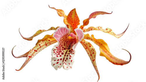 Brassia orchid blooming with orange and pink petals on transparent background