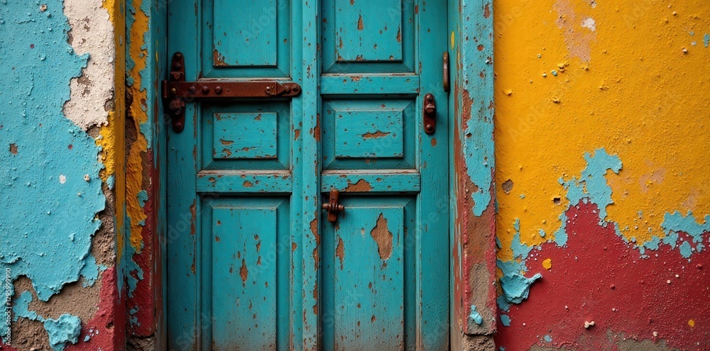 Old wooden door with peeling paint and rusty hinges, wooden door, distressed, hinges Old wooden door with peeling paint and rusty hinges, wooden door, distressed, hinges