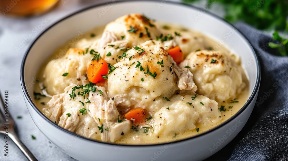 Hearty chicken and dumplings with vegetables in creamy sauce Hearty chicken and dumplings with vegetables in creamy sauce