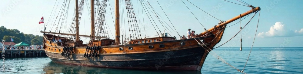 Fototapeta premium Old wooden sailing boat docked at pier, nautical, sailboat, old wood