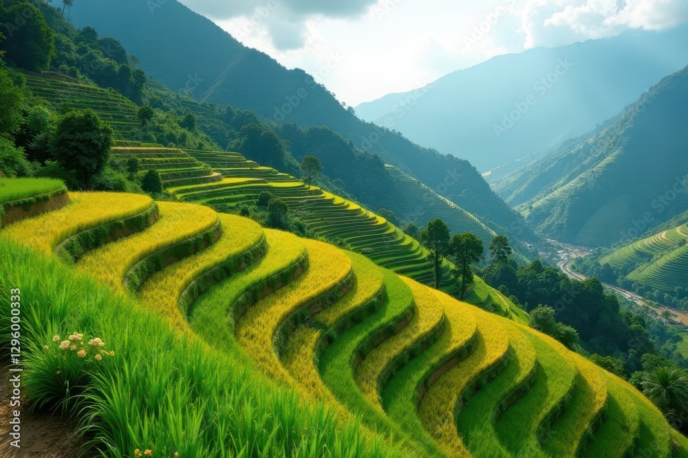 Serene Panorama of Verdant Rice Terraces Cascading Down Mountain Slopes Under a Sunlit Sky Serene Panorama of Verdant Rice Terraces Cascading Down Mountain Slopes Under a Sunlit Sky