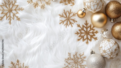 A white fur background with sparkling snowflakes and elegant holiday ornaments for a glamorous festive look.