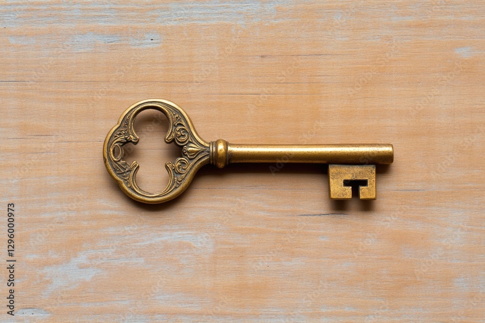 Intricate antique key resting on wooden surface showcases detail Intricate antique key resting on wooden surface showcases detail