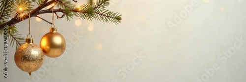 Ornate gold ornaments dangle from a branch against a plain background , elegant, gold, holiday