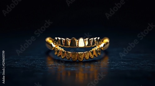 A golden dental grill appears shiny against a dark surface background